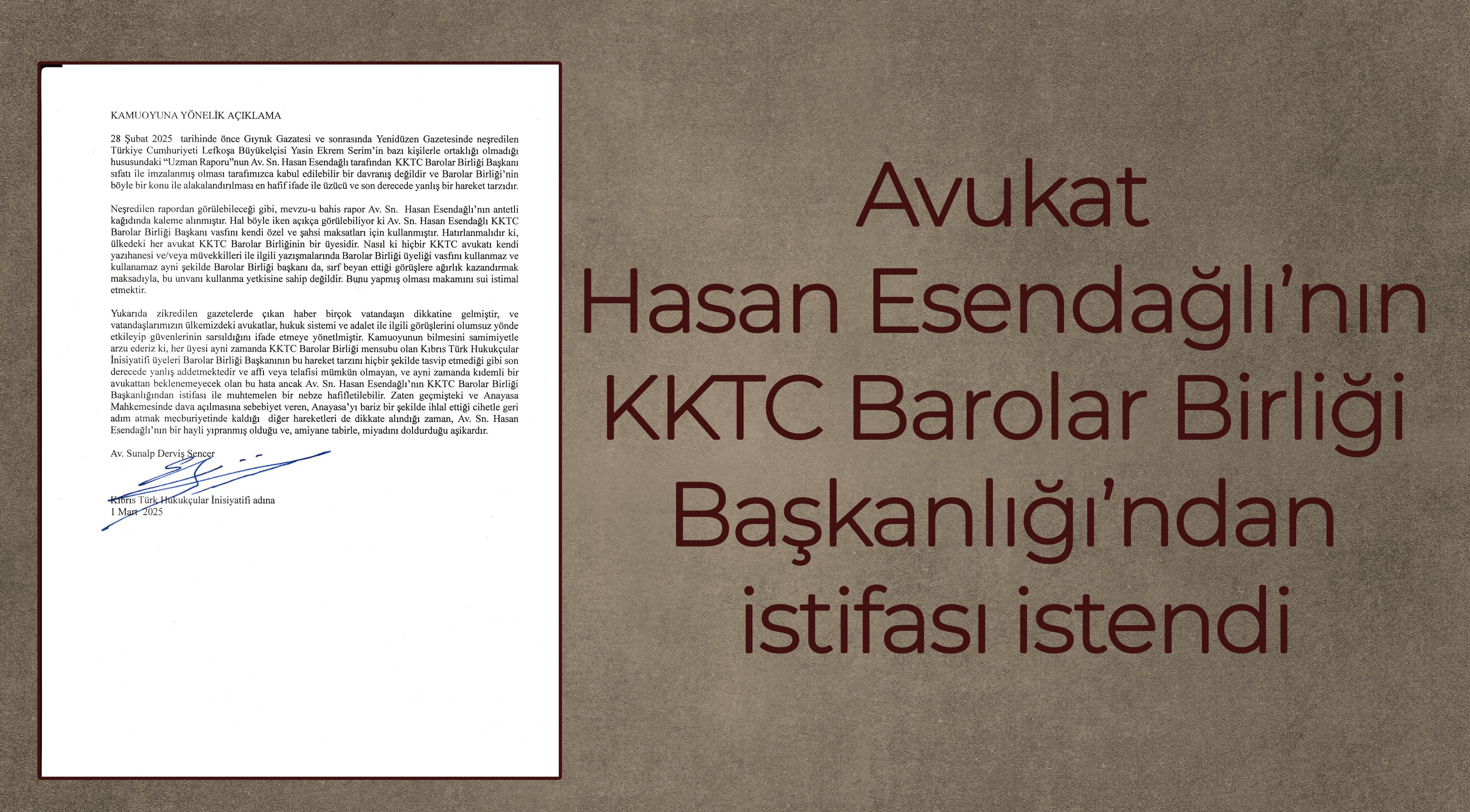 Avukat Hasan Esendağlı’nın KKTC Barolar Birliği Başkanlığı’ndan istifası istendi